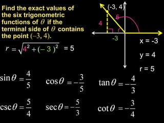 Find the exact values of          (-3, 4)
the six trigonometric                5
functions of  if the         4
terminal side of  contains
the point (–3, 4).                 -3       x = -3
      4       3     =5
                                            y=4
                                            r=5
 