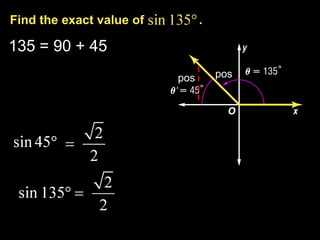 Find the exact value of         .

135 = 90 + 45
                          pos       pos
 