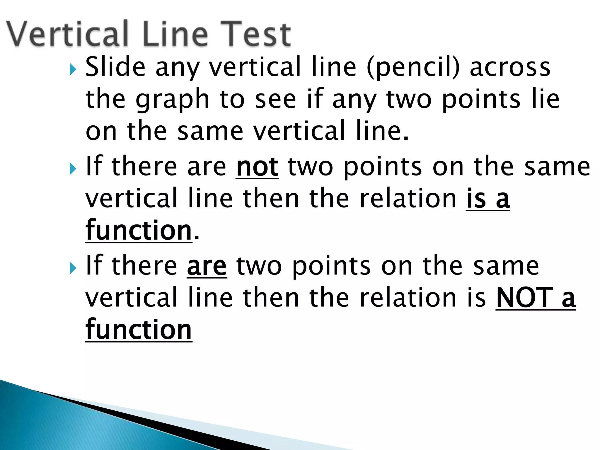 Vertical Line TestSlide any vertical line (pencil) across the graph to see if any two points lie on the same vertical line.If there are not two points on the same vertical line then the relation is a function.If there are two points on the same vertical line then the relation is NOT a function