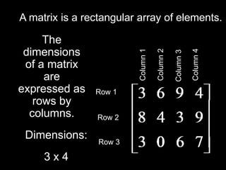 A matrix is a rectangular array of elements. The dimensions of a matrix are expressed as rows by columns. Column 1 Column 2 Column 4 Column 3 Row 1 Row 2 Dimensions: 3 x 4 Row 3 