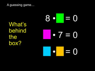 A guessing game…
8 • 0 = 0
0 • 7 = 0
0 • 0 = 0
What’s
behind
the
box?
 