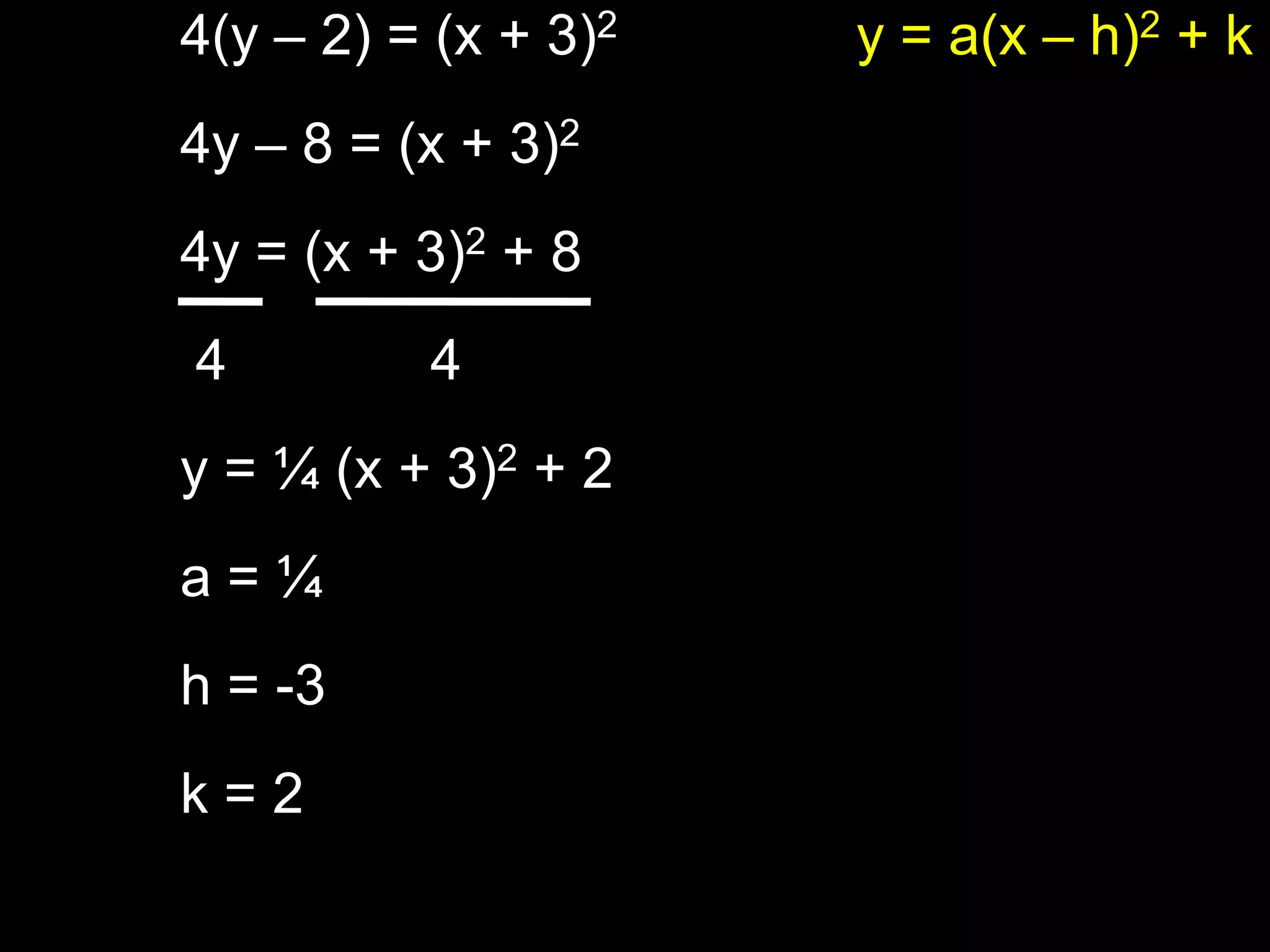4(y – 2) = (x + 3)24y – 8 = (x + 3)24y = (x + 3)2 + 8 4             4y = ¼ (x + 3)2 + 2a = ¼ h = -3k = 2y = a(x – h)2 + k