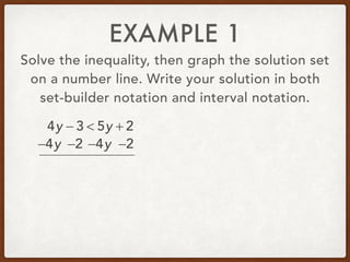 EXAMPLE 1
Solve the inequality, then graph the solution set
on a number line. Write your solution in both
set-builder notation and interval notation.
4y − 3 < 5y + 2
−4y −4y −2−2
 