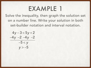 EXAMPLE 1
Solve the inequality, then graph the solution set
on a number line. Write your solution in both
set-builder notation and interval notation.
4y − 3 < 5y + 2
−4y −4y −2−2
−5 < y
y > −5
 