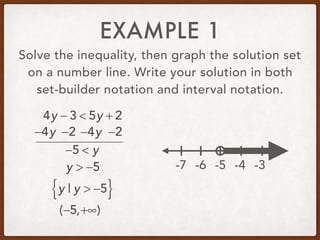 EXAMPLE 1
Solve the inequality, then graph the solution set
on a number line. Write your solution in both
set-builder notation and interval notation.
4y − 3 < 5y + 2
−4y −4y −2−2
−5 < y
y > −5
y | y > −5{ }
(−5,+∞)
-5 -4 -3-6-7
 