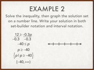 EXAMPLE 2
Solve the inequality, then graph the solution set
on a number line. Write your solution in both
set-builder notation and interval notation.
12 ≥ −0.3p
−40 ≤ p
p | p ≥ −40{ }
[−40,+∞)
−0.3−0.3
p ≥ −40
 