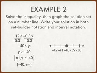 EXAMPLE 2
Solve the inequality, then graph the solution set
on a number line. Write your solution in both
set-builder notation and interval notation.
12 ≥ −0.3p
−40 ≤ p
p | p ≥ −40{ }
[−40,+∞)
-40-39-38-41-42
−0.3−0.3
p ≥ −40
 