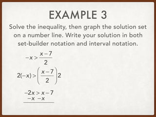 EXAMPLE 3
Solve the inequality, then graph the solution set
on a number line. Write your solution in both
set-builder notation and interval notation.
−x >
x − 7
2
−2x > x − 7
2(−x) >
x − 7
2
⎛
⎝
⎜
⎞
⎠
⎟ 2
−x−x
 