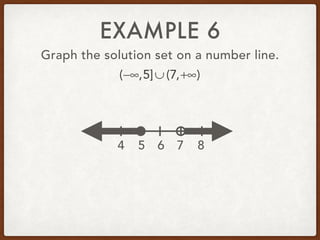 EXAMPLE 6
Graph the solution set on a number line.
(−∞,5]∪ (7,+∞)
5 6 7 84
 