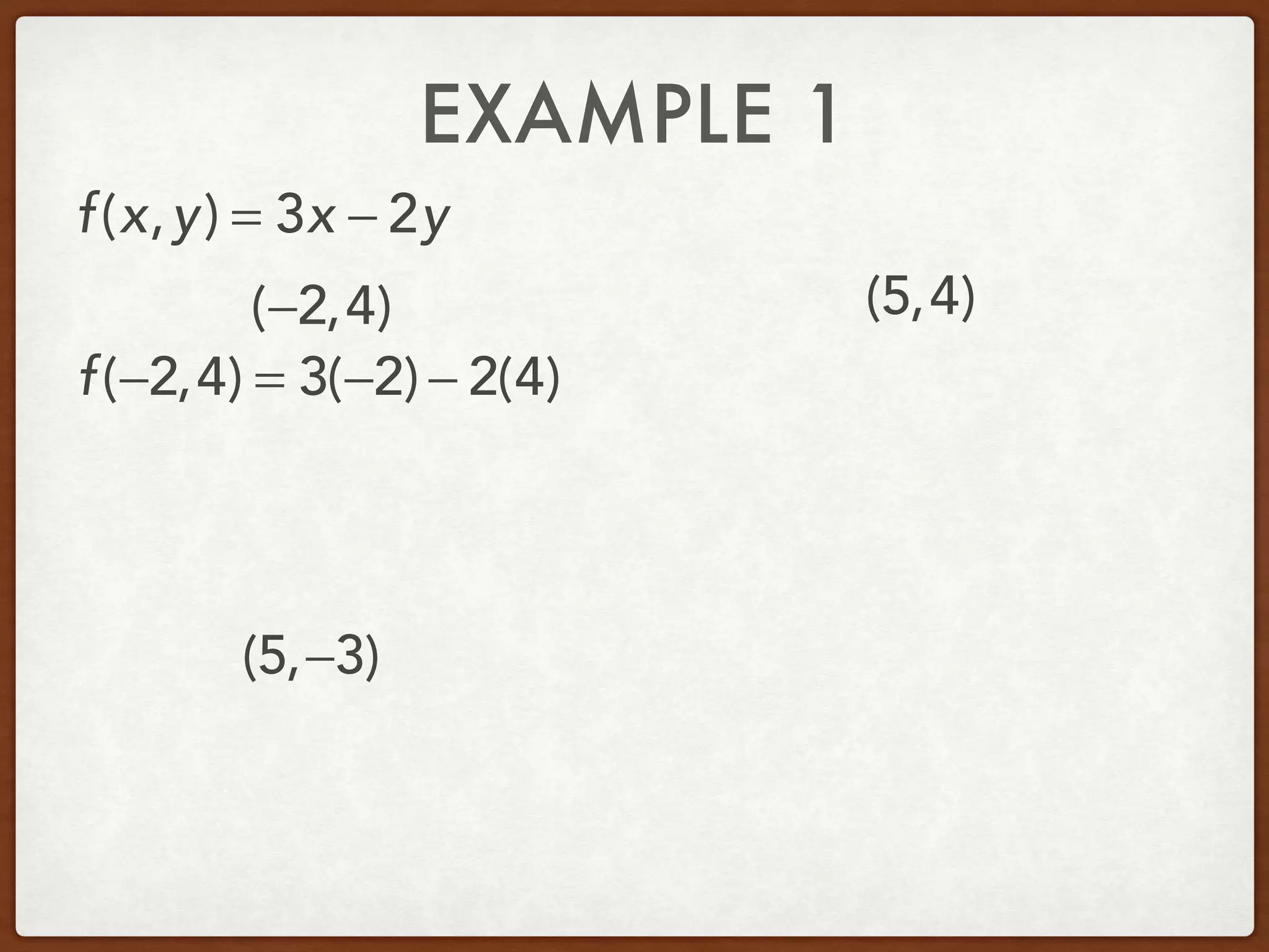 EXAMPLE 1
(−2,4) (5,4)
(5,−3)
f(x,y) = 3x − 2y
f(−2,4) = 3(−2) − 2(4)
 