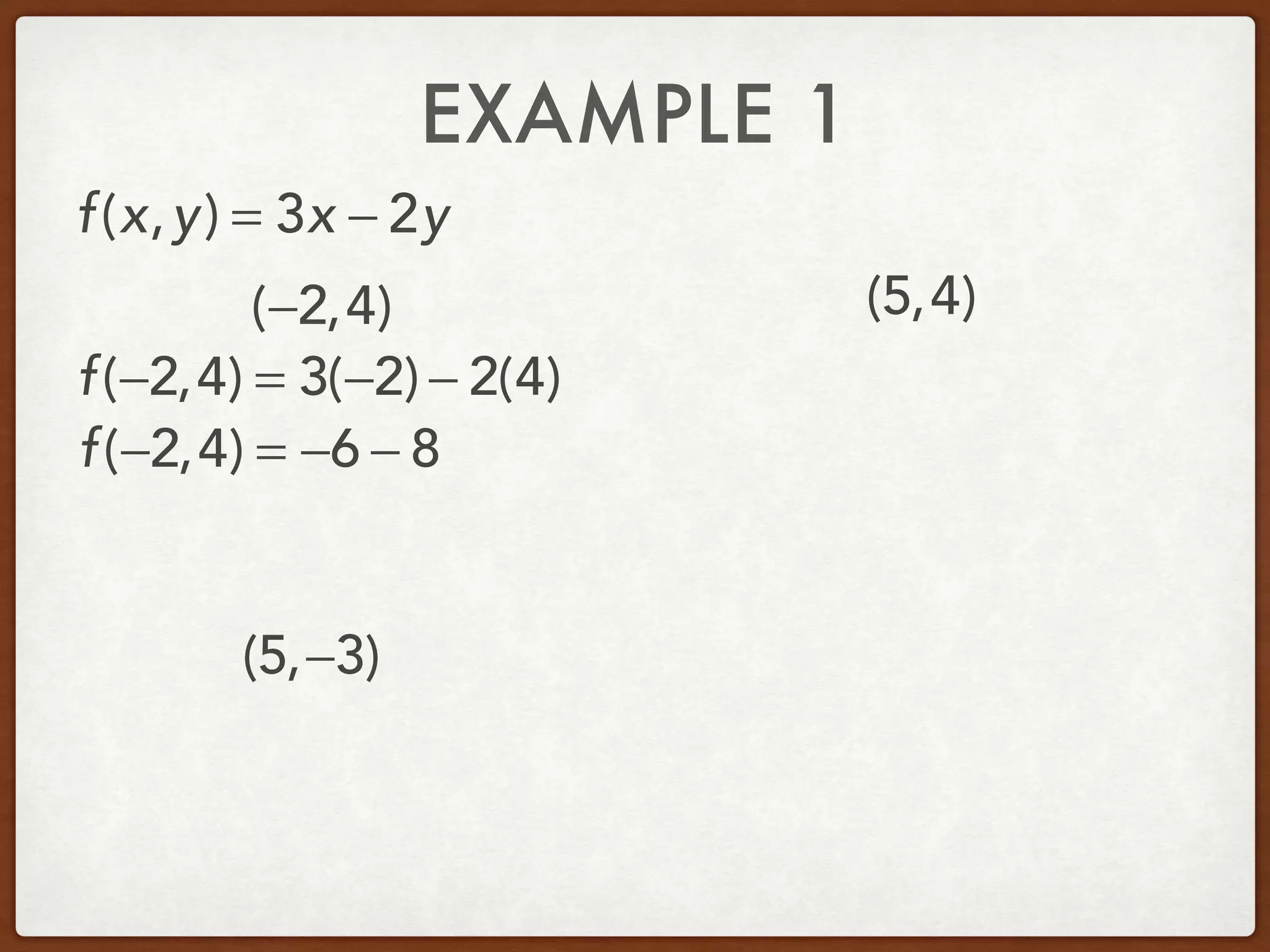 EXAMPLE 1
(−2,4) (5,4)
(5,−3)
f(x,y) = 3x − 2y
f(−2,4) = 3(−2) − 2(4)
f(−2,4) = −6 − 8
 