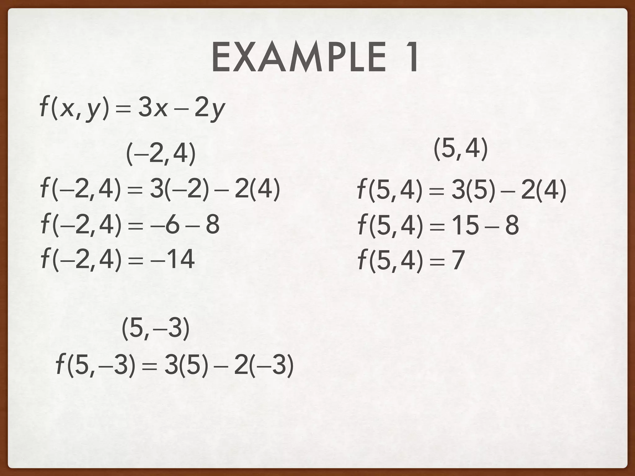 EXAMPLE 1
(−2,4) (5,4)
(5,−3)
f(x,y) = 3x − 2y
f(−2,4) = 3(−2) − 2(4)
f(−2,4) = −6 − 8
f(−2,4) = −14
f(5,4) = 3(5) − 2(4)
f(5,4) = 15 − 8
f(5,4) = 7
f(5,−3) = 3(5) − 2(−3)
 