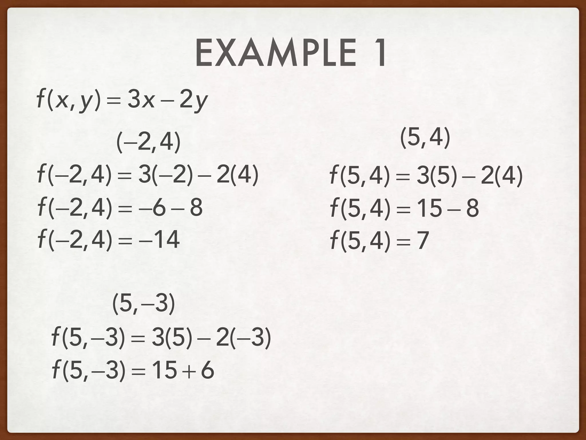 EXAMPLE 1
(−2,4) (5,4)
(5,−3)
f(x,y) = 3x − 2y
f(−2,4) = 3(−2) − 2(4)
f(−2,4) = −6 − 8
f(−2,4) = −14
f(5,4) = 3(5) − 2(4)
f(5,4) = 15 − 8
f(5,4) = 7
f(5,−3) = 3(5) − 2(−3)
f(5,−3) = 15 + 6
 