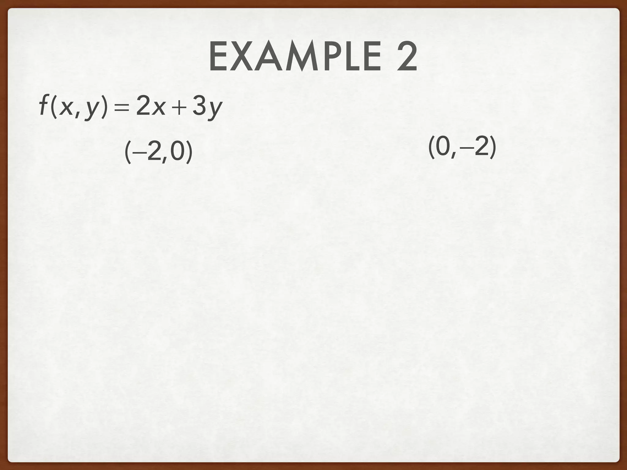 EXAMPLE 2
(−2,0) (0,−2)
f(x,y) = 2x + 3y
 