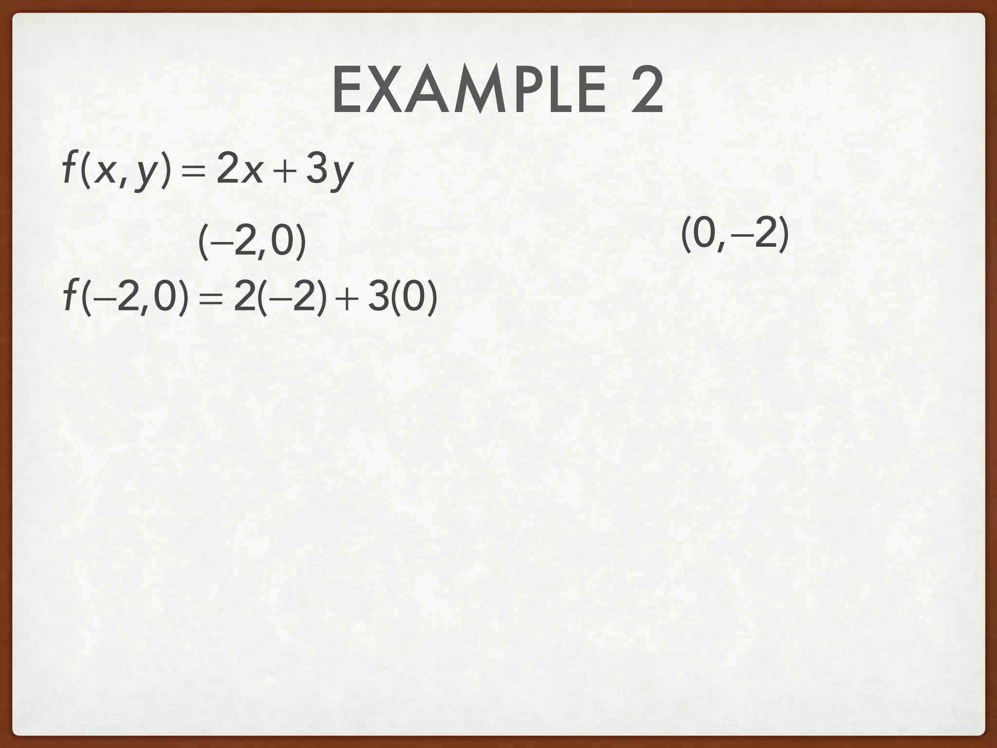 EXAMPLE 2
(−2,0) (0,−2)
f(x,y) = 2x + 3y
f(−2,0) = 2(−2) + 3(0)
 
