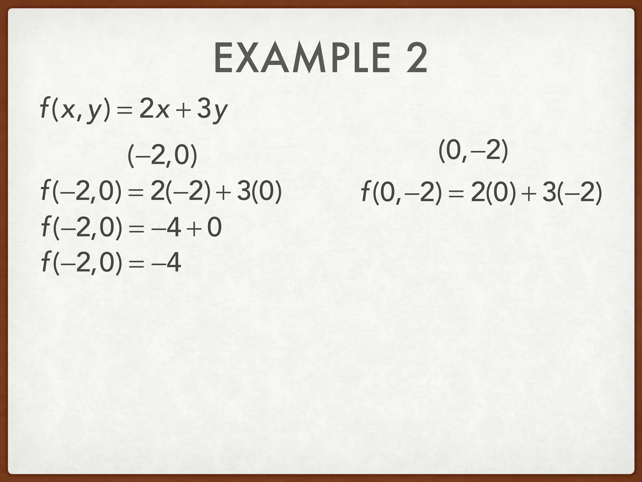 EXAMPLE 2
(−2,0) (0,−2)
f(x,y) = 2x + 3y
f(−2,0) = 2(−2) + 3(0)
f(−2,0) = −4 + 0
f(−2,0) = −4
f(0,−2) = 2(0) + 3(−2)
 