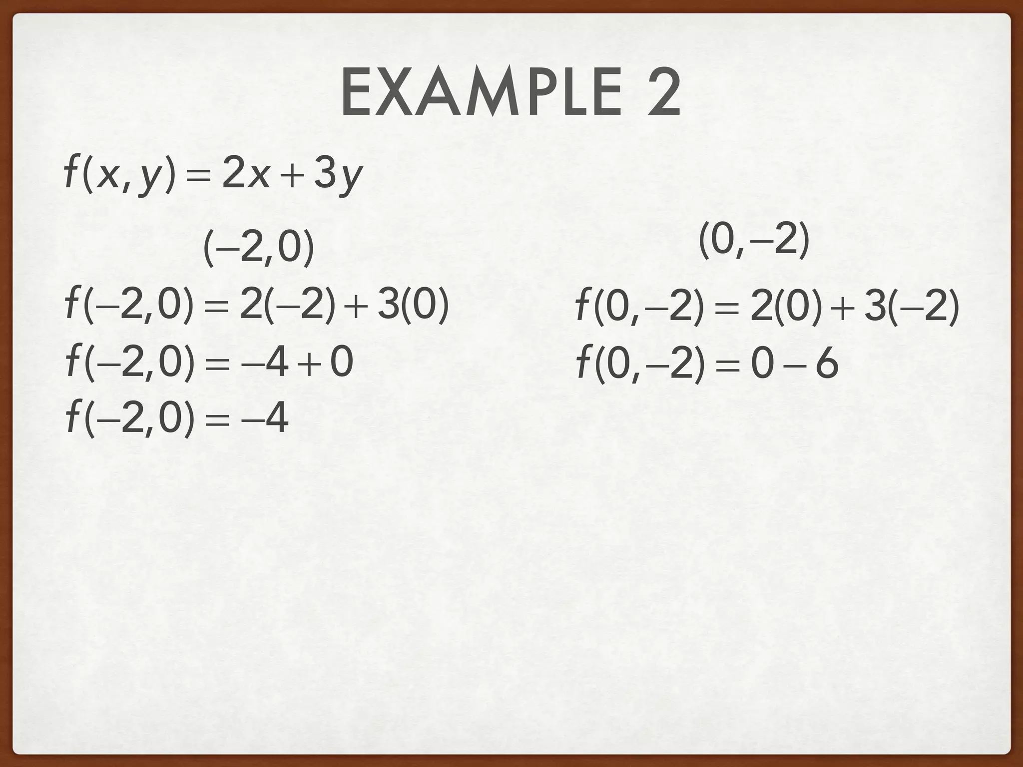 EXAMPLE 2
(−2,0) (0,−2)
f(x,y) = 2x + 3y
f(−2,0) = 2(−2) + 3(0)
f(−2,0) = −4 + 0
f(−2,0) = −4
f(0,−2) = 2(0) + 3(−2)
f(0,−2) = 0 − 6
 