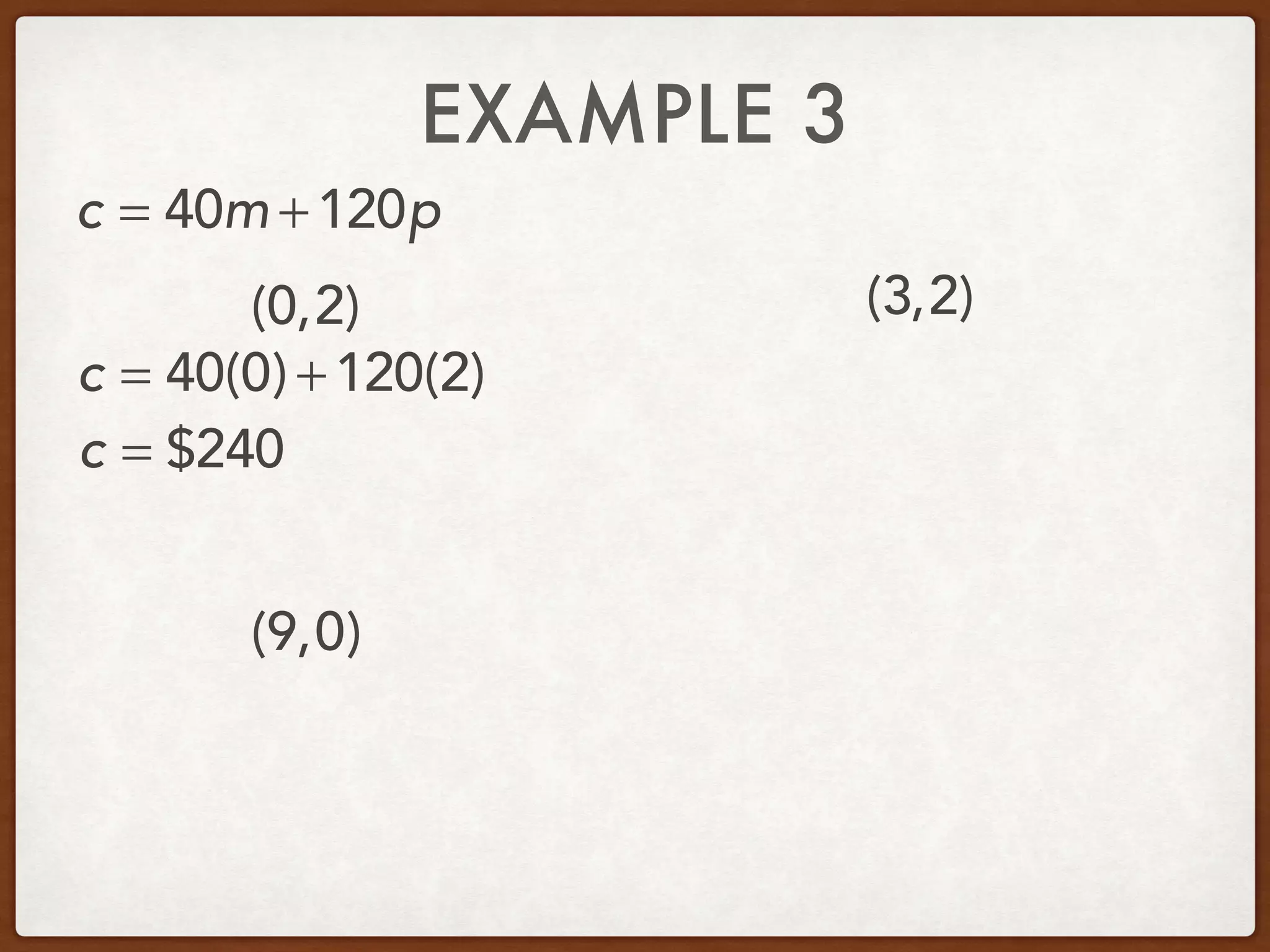 EXAMPLE 3
(0,2) (3,2)
c = 40m +120p
c = 40(0) +120(2)
c = $240
(9,0)
 