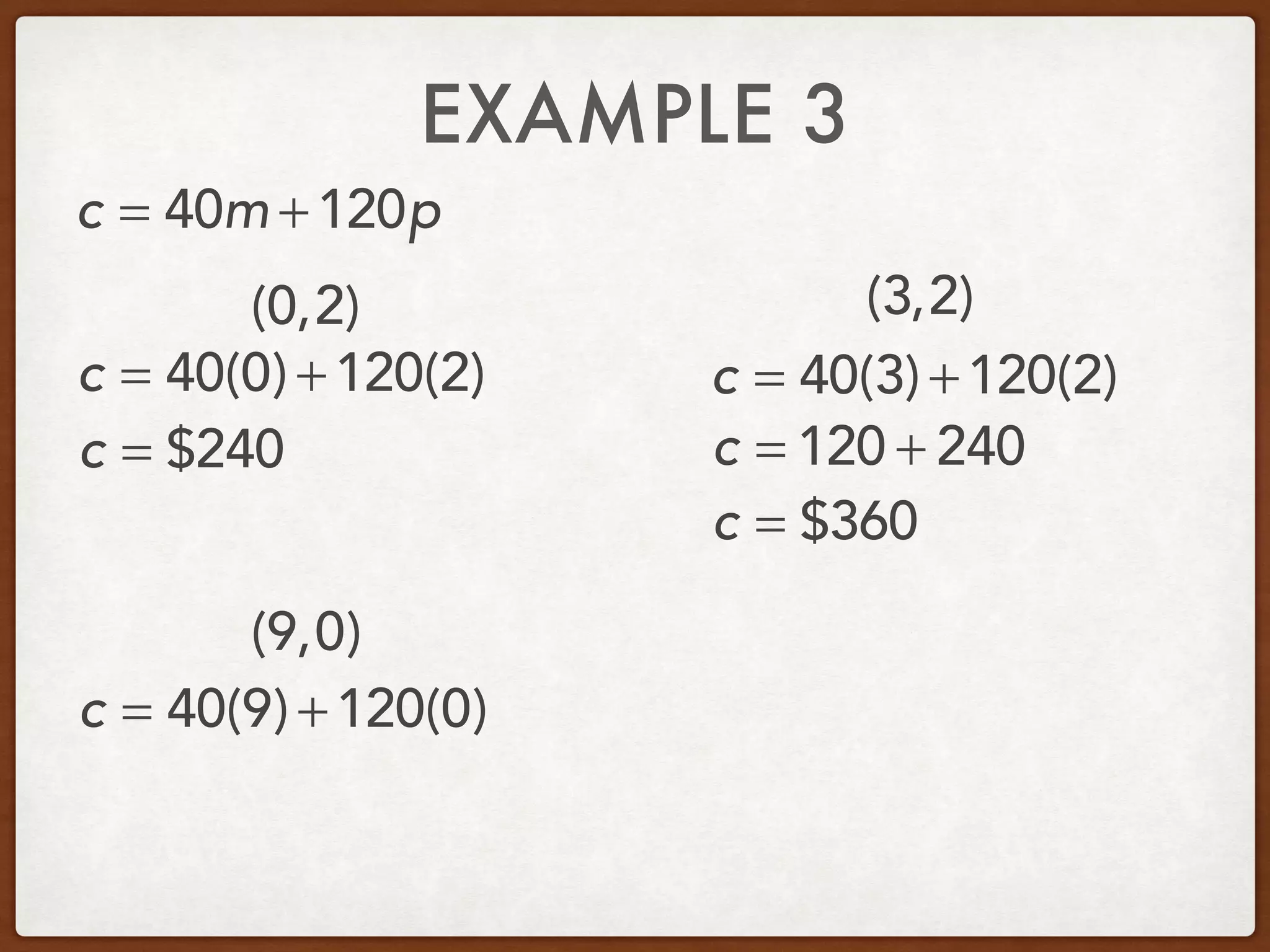 EXAMPLE 3
(0,2) (3,2)
c = 40m +120p
c = 40(0) +120(2)
c = $240
c = 40(3) +120(2)
c = 120 + 240
c = $360
c = 40(9) +120(0)
(9,0)
 