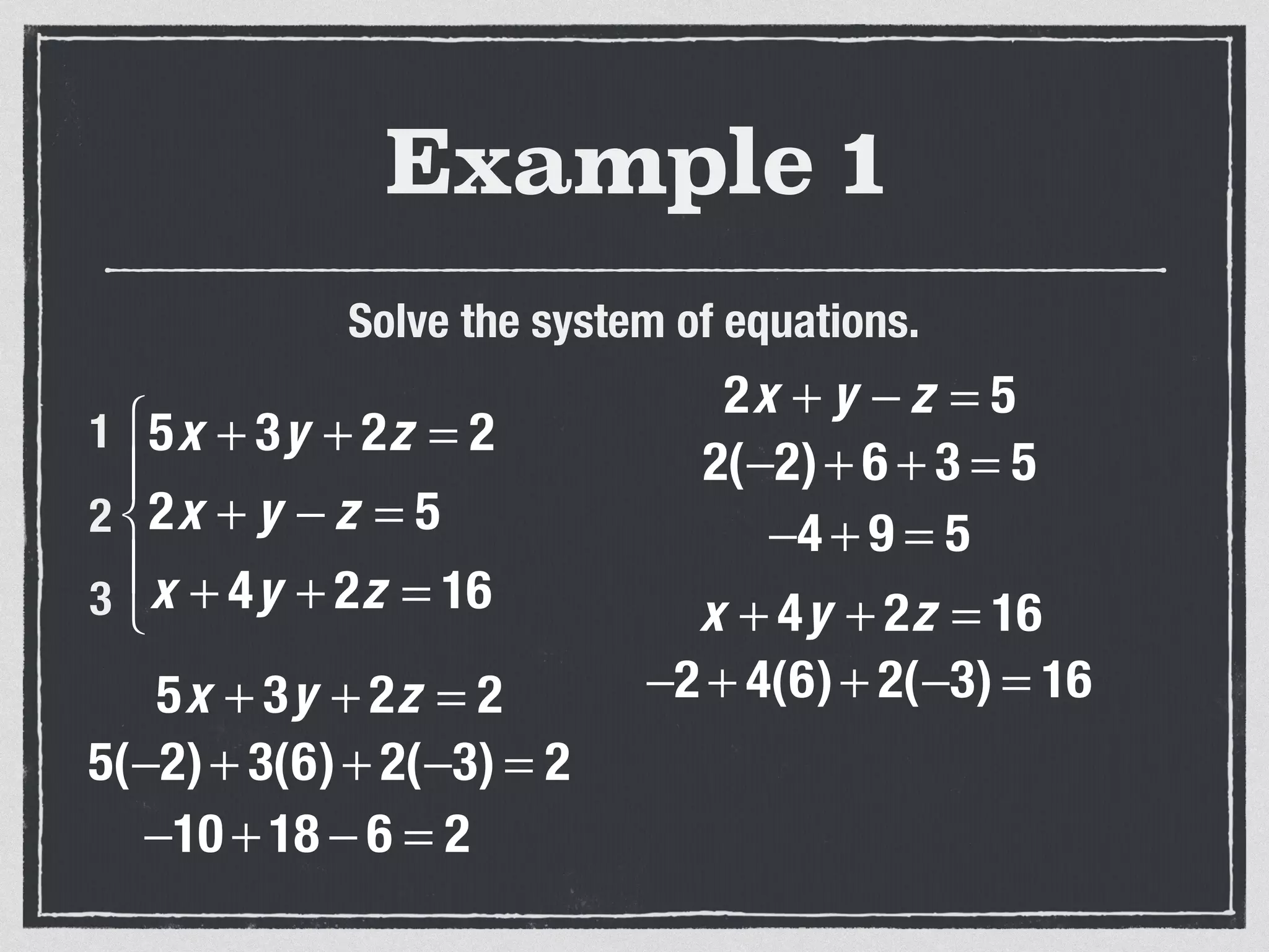 Example 1
Solve the system of equations.
5x + 3y + 2z = 2
2x + y − z = 5
x + 4y + 2z = 16
⎧
⎨
⎪
⎩
⎪
1
2
3
5x + 3y + 2z = 2
5(−2)+ 3(6)+ 2(−3) = 2
−10 + 18 − 6 = 2
2x + y − z = 5
2(−2)+ 6 + 3 = 5
−4 + 9 = 5
x + 4y + 2z = 16
−2 + 4(6)+ 2(−3) = 16
 
