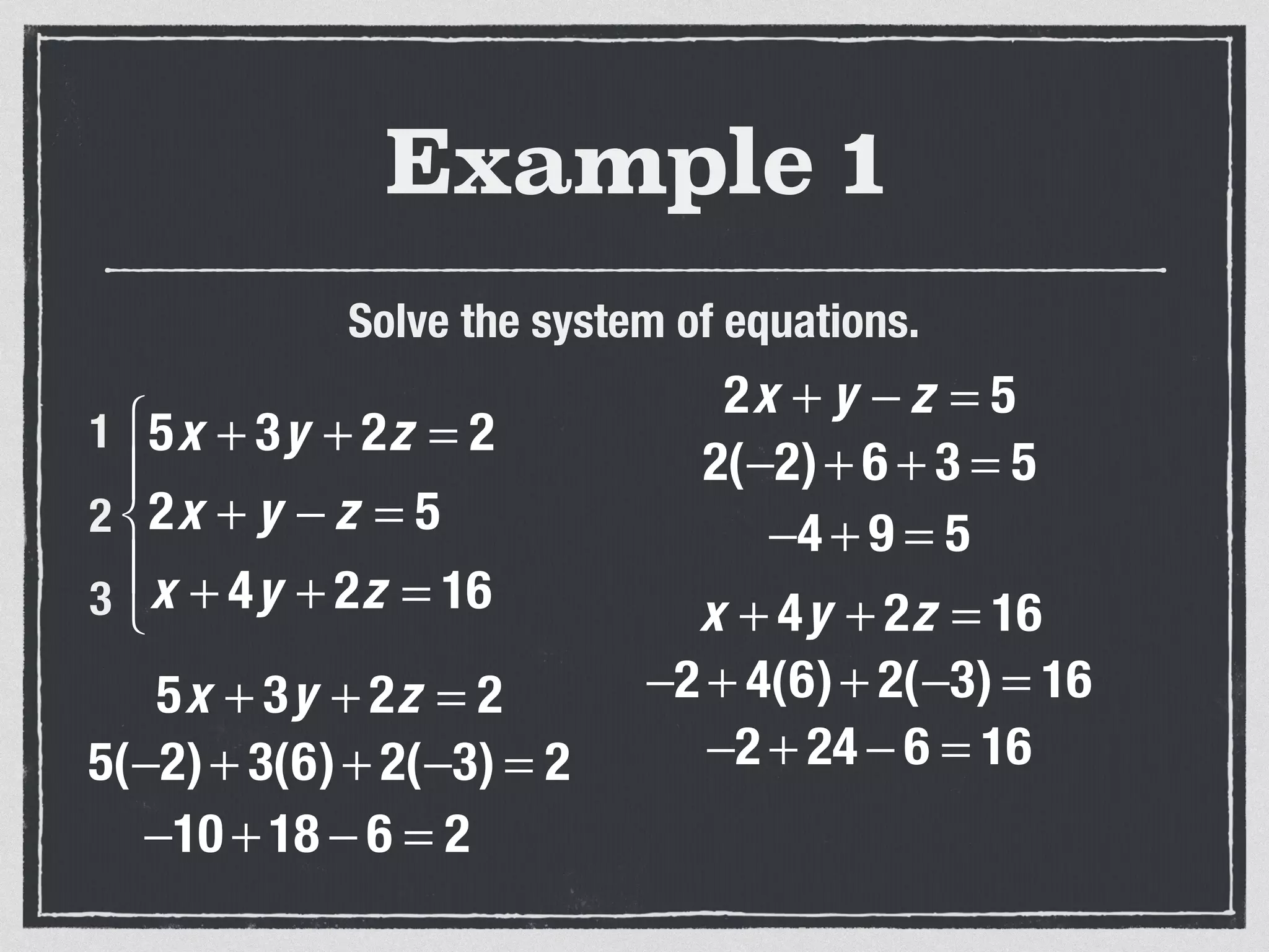 Example 1
Solve the system of equations.
5x + 3y + 2z = 2
2x + y − z = 5
x + 4y + 2z = 16
⎧
⎨
⎪
⎩
⎪
1
2
3
5x + 3y + 2z = 2
5(−2)+ 3(6)+ 2(−3) = 2
−10 + 18 − 6 = 2
2x + y − z = 5
2(−2)+ 6 + 3 = 5
−4 + 9 = 5
x + 4y + 2z = 16
−2 + 4(6)+ 2(−3) = 16
−2 + 24 − 6 = 16
 