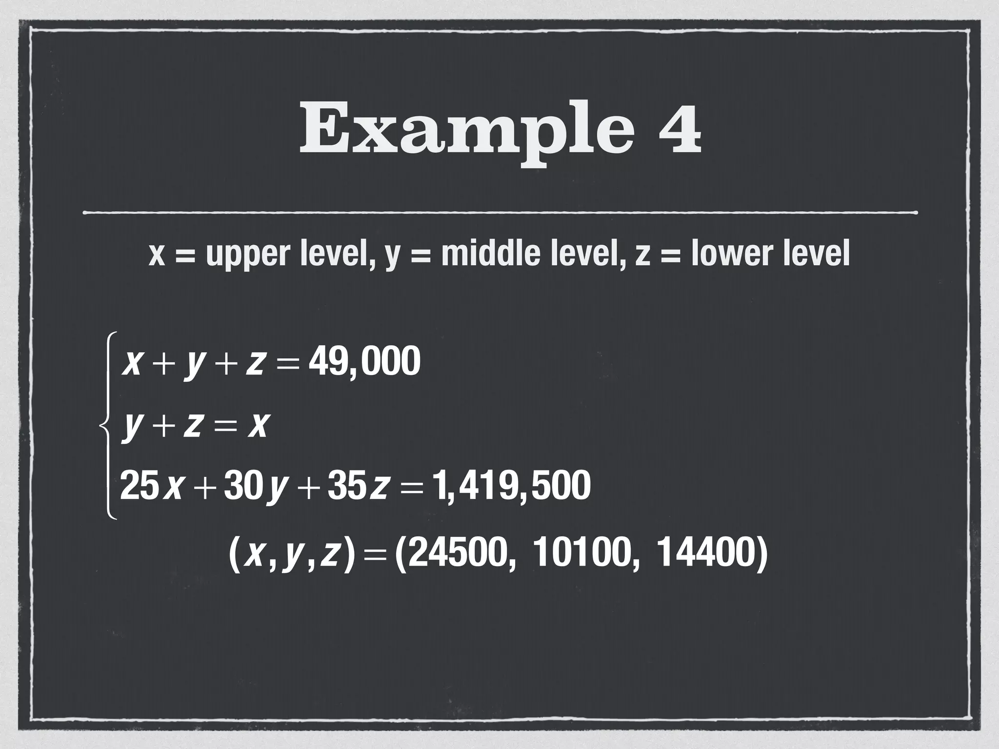 Example 4
x + y + z = 49,000
y + z = x
25x + 30y + 35z = 1,419,500
⎧
⎨
⎪
⎩
⎪
x = upper level, y = middle level, z = lower level
(x,y,z ) = (24500, 10100, 14400)
 