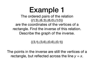 Example 1
{(1,3),(6,3),(6,0),(1,0)}
The ordered pairs of the relation

are the coordinates of the vertices of a
rectangle. Find the inverse of this relation.
Describe the graph of the inverse.
{(3,1),(3,6),(0,6),(0,1)}
The points in the inverse are still the vertices of a
rectangle, but reﬂected across the line y = x.
 