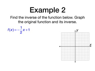 Example 2
Find the inverse of the function below. Graph
the original function and its inverse.
f (x ) = −
1
2
x +1
x
y
 