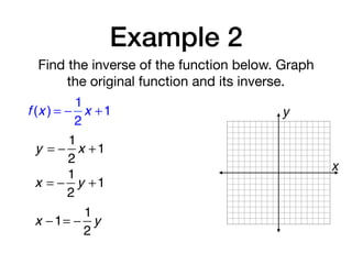 Example 2
Find the inverse of the function below. Graph
the original function and its inverse.
f (x ) = −
1
2
x +1
y = −
1
2
x +1
x = −
1
2
y +1
x −1= −
1
2
y
x
y
 