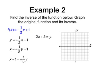 Example 2
Find the inverse of the function below. Graph
the original function and its inverse.
f (x ) = −
1
2
x +1
y = −
1
2
x +1
x = −
1
2
y +1
x −1= −
1
2
y
−2x + 2 = y
x
y
 