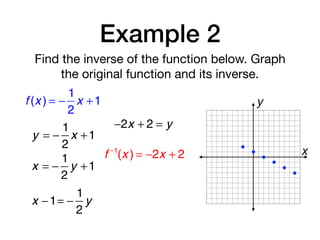 Example 2
Find the inverse of the function below. Graph
the original function and its inverse.
f (x ) = −
1
2
x +1
y = −
1
2
x +1
x = −
1
2
y +1
x −1= −
1
2
y
−2x + 2 = y
f −1
(x ) = −2x + 2 x
y
 