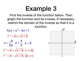 Example 3
Find the inverse of the function below. Then
graph the function and its inverse. If necessary,
restrict the domain of the inverse so that it is a
function.
f (x ) = x 2
− 4x +1
f −1
= 2 ± x + 3
x =
−b
2a
x =
4
2
x = 2
f −1
= 2 + x + 3; (−∞,2]
f −1
= 2 − x + 3; [2,+∞)
x
y
 