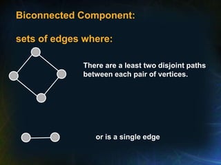 Biconnected Component:
sets of edges where:
or is a single edge
There are a least two disjoint paths
between each pair of vertices.
 