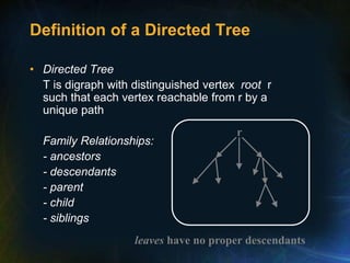 Definition of a Directed Tree
• Directed Tree
T is digraph with distinguished vertex root r
such that each vertex reachable from r by a
unique path
Family Relationships:
- ancestors
- descendants
- parent
- child
- siblings
r
leaves have no proper descendants
 