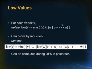 Low Values
• For each vertex v,
define low(v) = min ( {v} ∪ {w | v→ - - - w} )
• Can prove by induction:
Lemma
Can be computed during DFS in postorder.
*
low(v) min ( {v} {low(w)|v w} {w|v - - - w} )
= È ® È ®
 