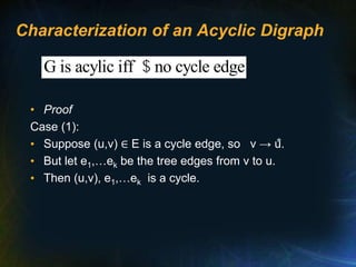 Characterization of an Acyclic Digraph
• Proof
Case (1):
• Suppose (u,v) ∈ E is a cycle edge, so v → u.
• But let e1,…ek be the tree edges from v to u.
• Then (u,v), e1,…ek is a cycle.
*
G is acylic iff no cycle edge
$
 
