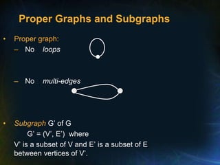 Proper Graphs and Subgraphs
• Proper graph:
– No loops
– No multi-edges
• Subgraph G’ of G
G’ = (V’, E’) where
V’ is a subset of V and E’ is a subset of E
between vertices of V’.
 