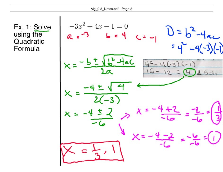 Alg 9.8 Notes Quadratic Formula