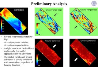 Preliminary Analysis
                  LIDAR DEM                        Ground Range Slope   Ground Range Slope




    350

    300                                     10
    250

    200                                      0
    150

                                            -10
•     Ground coherence is extremely
      high
                                                   Ground Coherence     Ground Coherence
       excellent ground visibility
       excellent temporal stability
•     A slight trend w.r.t. the incidence
      angle can be (correctly!)
      appreciated in both directions        1
•     The spatial variation of ground
      coherence is clearly correlated       0.75
      with terrain slope, regardless of
      heading direction                     0.5
 