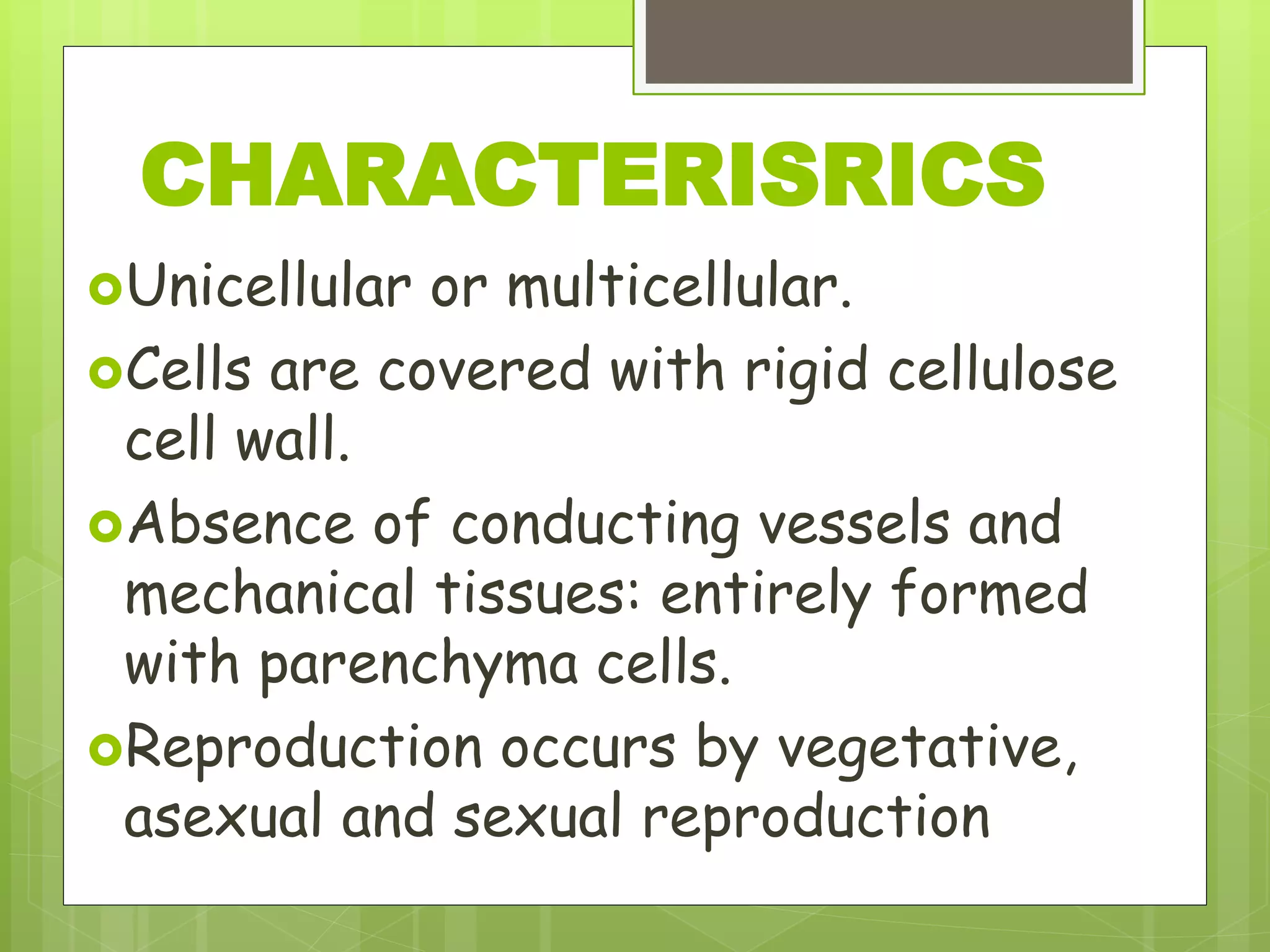 CHARACTERISRICS
Unicellular or multicellular.
Cells are covered with rigid cellulose
cell wall.
Absence of conducting vessels and
mechanical tissues: entirely formed
with parenchyma cells.
Reproduction occurs by vegetative,
asexual and sexual reproduction
 