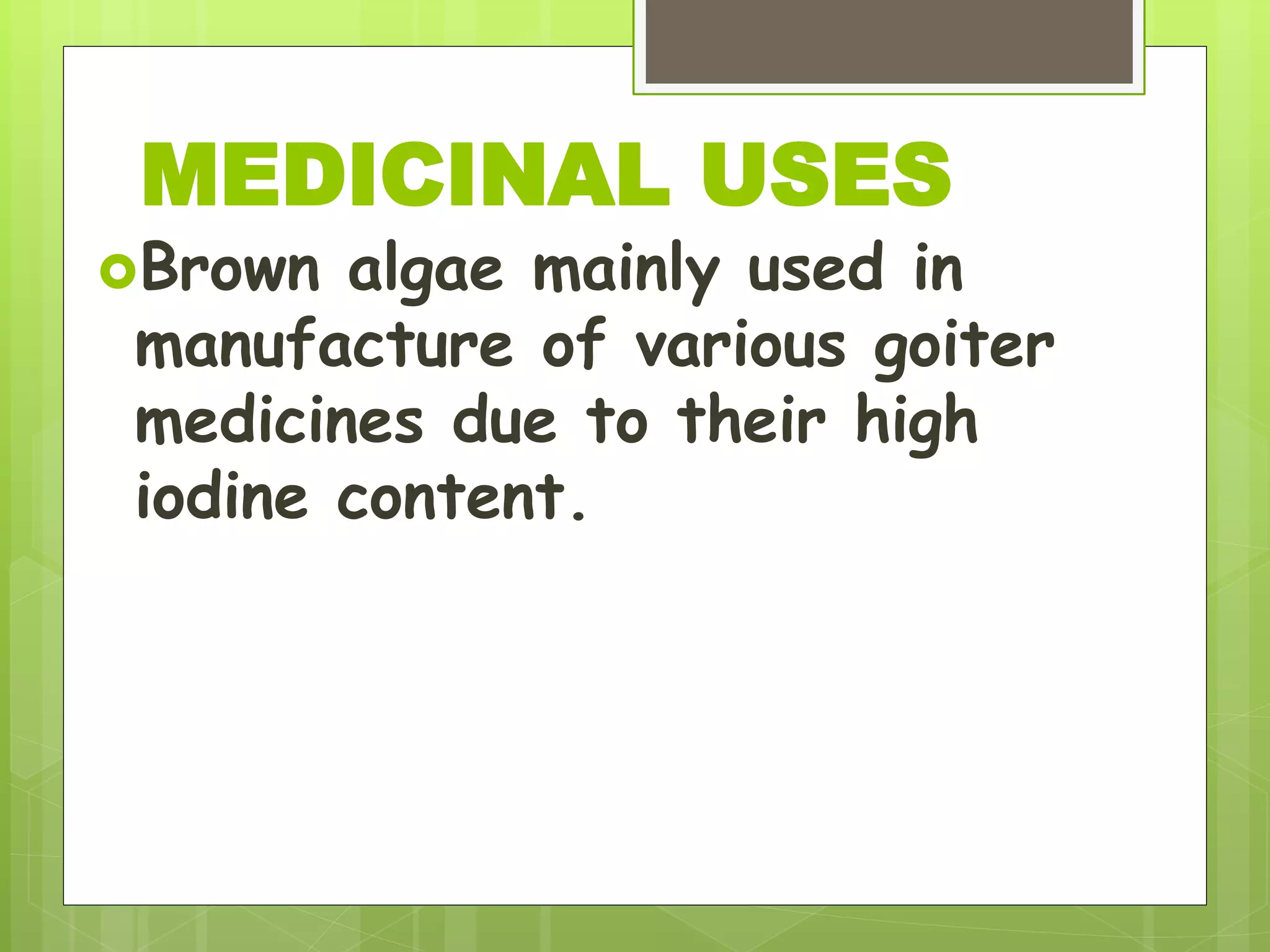 Brown algae mainly used in
manufacture of various goiter
medicines due to their high
iodine content.
MEDICINAL USES
 