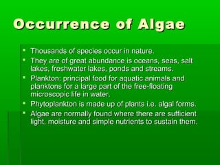 Occurrence of AlgaeOccurrence of Algae
 Thousands of species occur in nature.Thousands of species occur in nature.
 They are of great abundance is oceans, seas, saltThey are of great abundance is oceans, seas, salt
lakes, freshwater lakes, ponds and streams.lakes, freshwater lakes, ponds and streams.
 Plankton: principal food for aquatic animals andPlankton: principal food for aquatic animals and
planktons for a large part of the free-floatingplanktons for a large part of the free-floating
microscopic life in water.microscopic life in water.
 Phytoplankton is made up of plants i.e. algal forms.Phytoplankton is made up of plants i.e. algal forms.
 Algae are normally found where there are sufficientAlgae are normally found where there are sufficient
light, moisture and simple nutrients to sustain them.light, moisture and simple nutrients to sustain them.
 