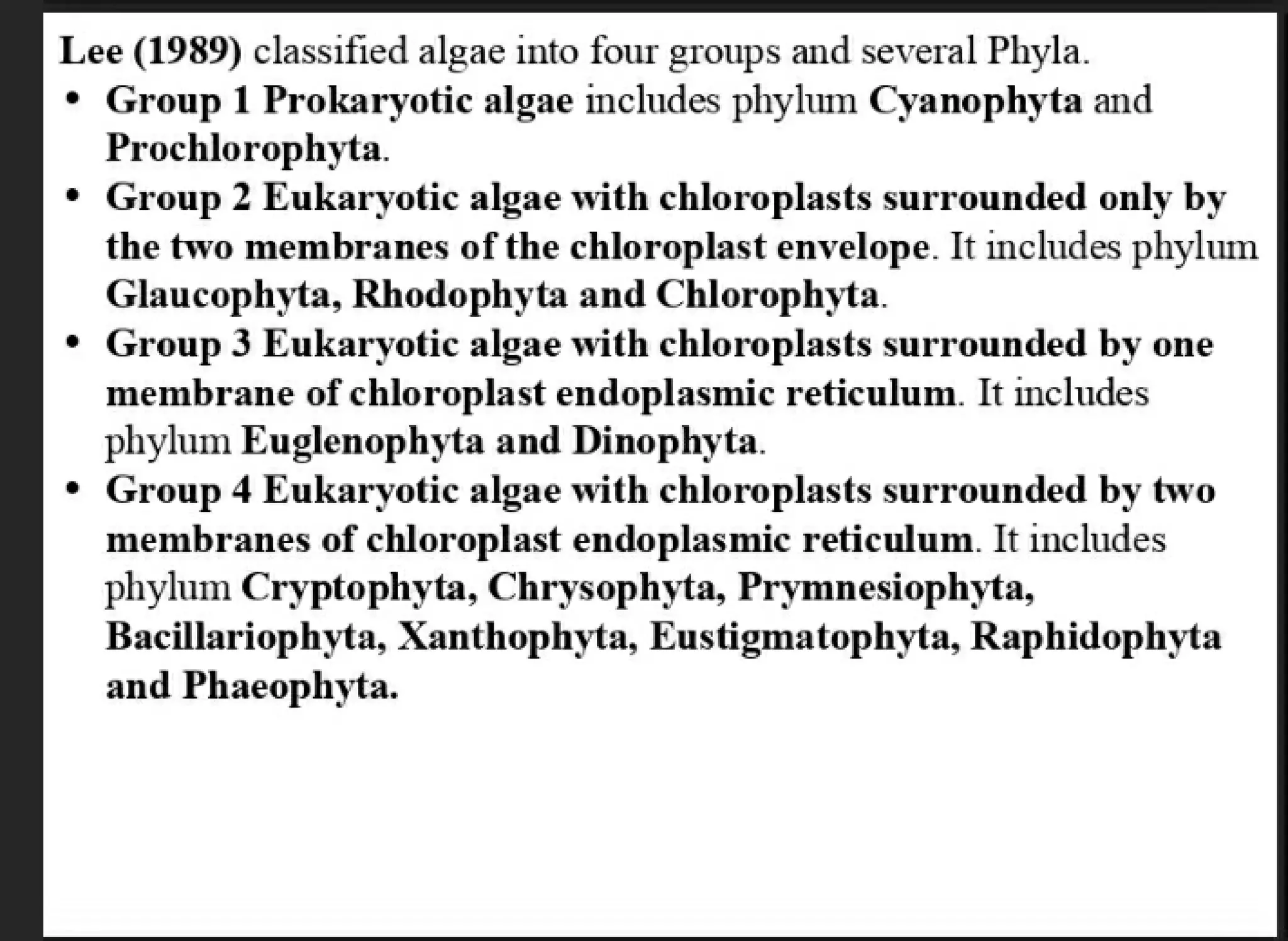Algae and there classification based on different features, structure, biological systems.
