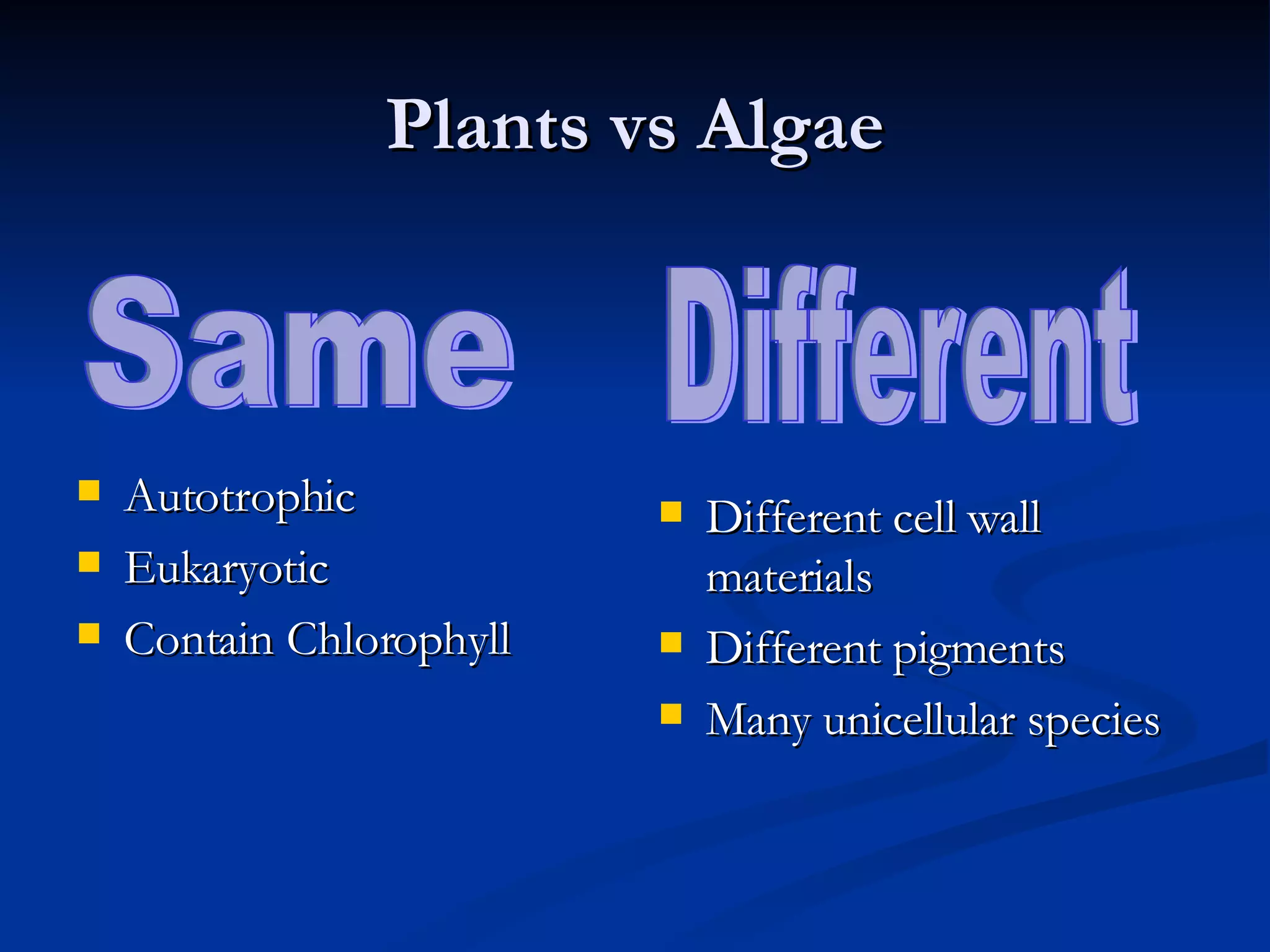 Plants vs Algae Autotrophic Eukaryotic Contain Chlorophyll Different cell wall materials Different pigments Many unicellular species Same Different 