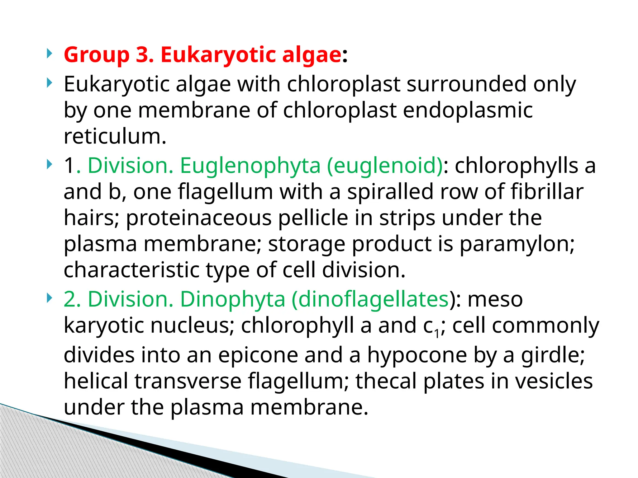  Group 3. Eukaryotic algae:
 Eukaryotic algae with chloroplast surrounded only
by one membrane of chloro­
plast endoplasmic
reticulum.
 1. Division. Euglenophyta (euglenoid): chloro­
phylls a
and b, one flagellum with a spiralled row of fibrillar
hairs; proteinaceous pellicle in strips under the
plasma membrane; storage product is paramylon;
characteristic type of cell division.
 2. Division. Dinophyta (dinoflagellates): meso­
karyotic nucleus; chlorophyll a and c1; cell commonly
divides into an epicone and a hypocone by a girdle;
helical transverse flagellum; thecal plates in vesicles
under the plasma membrane.
 