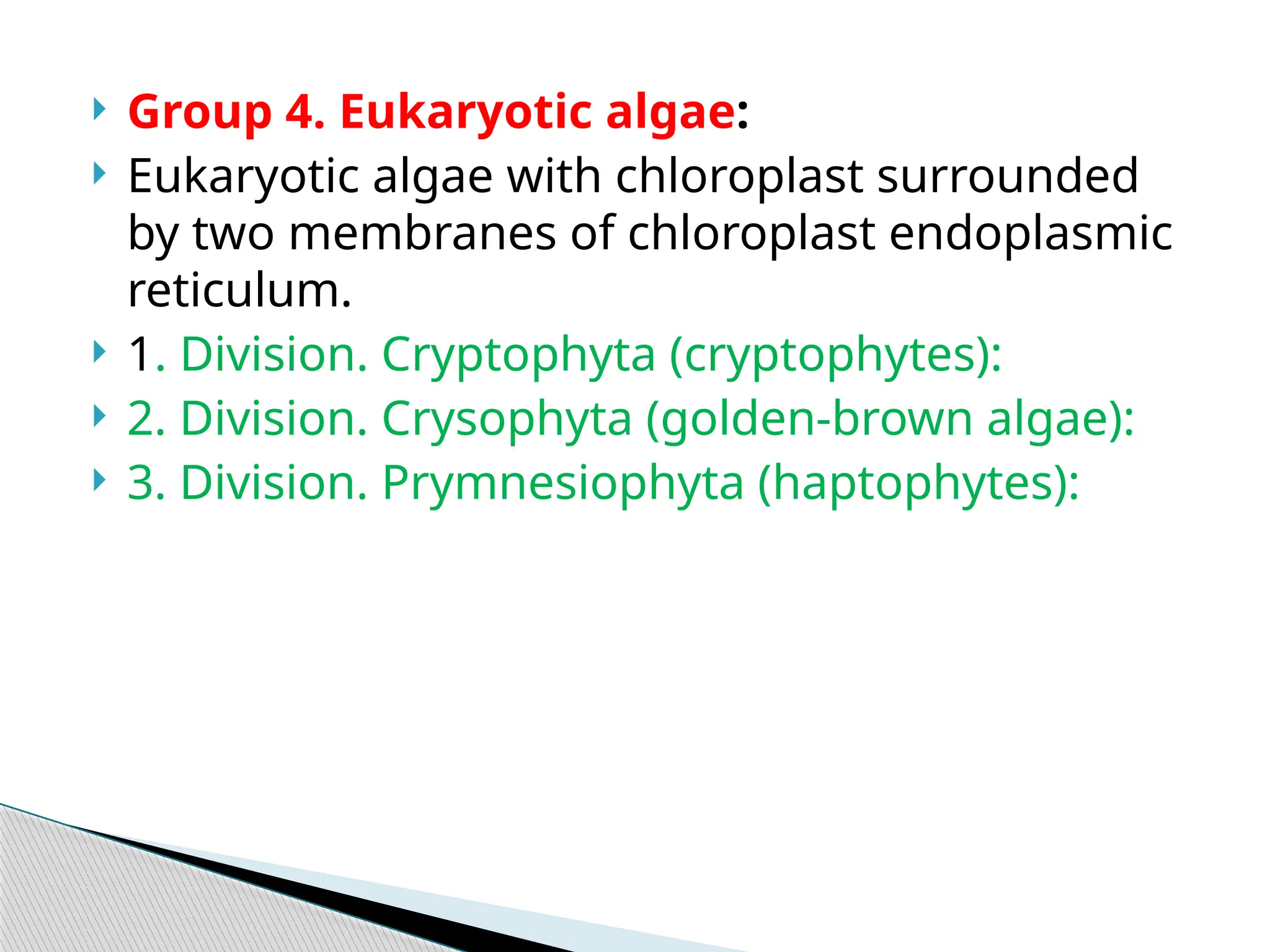  Group 4. Eukaryotic algae:
 Eukaryotic algae with chloroplast surrounded
by two membranes of chloroplast endoplasmic
reticulum.
 1. Division. Cryptophyta (cryptophytes):
 2. Division. Crysophyta (golden-brown algae):
 3. Division. Prymnesiophyta (haptophytes):
 
