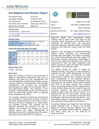 Due Diligence and Valuation Report
Arrowhead Code:                        10-01-04
Coverage initiated:                    23 March 2011
This document:                         15 November 2011                 Company:                            Algae.Tec Limited
Fair share value bracket:              AU$1.56 to AU$ 2.21i
                                                                        Ticker:                     ASX:AEB, OTCBB:ALGXY
Share price on date:                   AU$0.35ii
                                                                        Headquarters:                         Perth, Australia
Analyst Team
Thomas Renaud           Rashmi Shah                                     Executive Chairman:        Mr. Roger Sydney Stroud
thomas.renaud@arrowheadbid.comrashmi.shah@arrowheadbid.com
                                                                        Website:                       www.algaetec.com.au
+1 (212) 619 6889

                                                                        Algae.Tec tapped into international capital
Market Data                                                             markets with a public offer and listed on the
52-Week Range:                         AU$0.17 to AU$0.67iii            Australian Stock Exchange and Frankfurt Stock
Average Daily Volume:                  15,180iv                         Exchange. On 28thApril 2011, the company‘s
Market Cap. on date:                   AU$87.12MM                       American Depositary Receipts (ADR) commenced
                                                                        trading on the USA OTC market under the ticker
Financial Forecast Data (in AU$)                                        ALGXY.
               ‗12E      ‗13E   ‗14E    ‗15E   16E    ‗17E   ‗18E
                                                                        Algae.Tec has developed the McConchie-Stroud
High profit/
(loss) MM
               (6.9)     27.2   58.6    59.2   60.3   61.6   63.0       System which cultivates and economically
High EPS                                                                harvests high yield algae. The system is scalable,
               (2.76)   10.94   23.54 23.77 24.23 24.76 25.29
AU$                                                                     has minimal land footprint and water usage. The
Low profit/
               (6.9)     17.9   39.0    39.4   40.2   41.1   42.1
                                                                        technology provides competitive advantages in
(loss) MM                                                               terms of low capital and operating costs, minimal
Low EPS
               (2.76)    7.18   15.66 15.83 16.15 16.53 16.90           requirement of land, low water evaporation and
AU$
                                                                        better recycling of water amongst other specifics
Fiscal Year (FY)                                                        which make it commercially viable.

1stJuly – 30thJune                                                      The global market for algae is poised for
                                                                        explosive growth in the next 10 years, demand is
Summary                                                                 expected to reach 61MM gallons/year of bio-fuel
Algae.Tec Limited is involved in the production of                      and a market value of AU$1.3B by 2020
algae to manufacture sustainable fuels such as                          representing a CAGR of 72%, roughly on par with
biodiesel and green jet fuel. Management has                            early development in the biodiesel industry.
core competencies in biofuel technologies, energy                       Globally, the United States (US) is poised to ramp
markets, project commercialization and business                         up production the earliest among world markets
management. The company has successfully                                with 50% of all algae activity. The European
demonstrated the algae oil and biomass yield in                         Union, accounting for about 30% of algae activity,
the experimental stages. The company is now                             will be limited initially by the industry‘s focus on
building a demonstration facility with Manildra to                      university research, and later by insufficient
prove its commercial viability, which is expected                       access to water, land, and nutrient sources. It is
to be completed in Q1-2012.                                             believed that the US and Europe cannot grow
                                                                        enough corn, soy, or rapeseed to meet their bio-
The company intends to initiate the development                         fuel targets. Latin America and Asia Pacific, which
and operation of commercial facilities in several                       have fewer projects in operation today, are set to
countries, predominantly by way of joint venture.                       gain significant market share in the long run.
The focus will be on Australia, U.S., China, Brazil
and Southern Europe. The products will be                               Arrowhead believes that Algae.Tec has enormous
primarily Biodiesel and Grade-A Jet Fuel. In                            growth potential with a medium risk profile.
addition, the company has recently set up the                           Based on intrinsic revenue capacity from 500
18,200 square feet Algae Development &                                  modules, Arrowhead believes that the company‘s
Manufacturing Centre in Atlanta where the photo-                        fair share value lies in the AU$1.56 to
bioreactors will be assembled for shipping.                             AU$2.21bracket.




Algae.Tec Limited – Arrowhead BID                                   1                               OTCBB:ALGXY; ASX:AEB
Due Diligence and Valuation Report                                          See important disclosures on page 27 of this report.
 