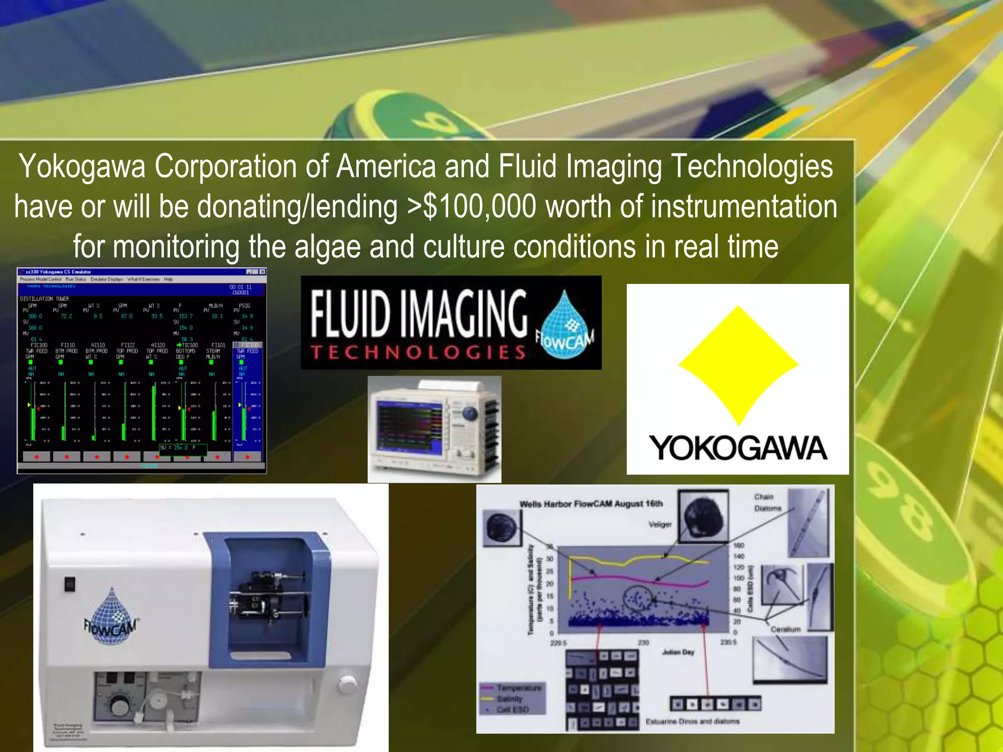 Yokogawa Corporation of America and Fluid Imaging Technologies have or will be donating/lending >$100,000 worth of instrumentation for monitoring the algae and culture conditions in real time
