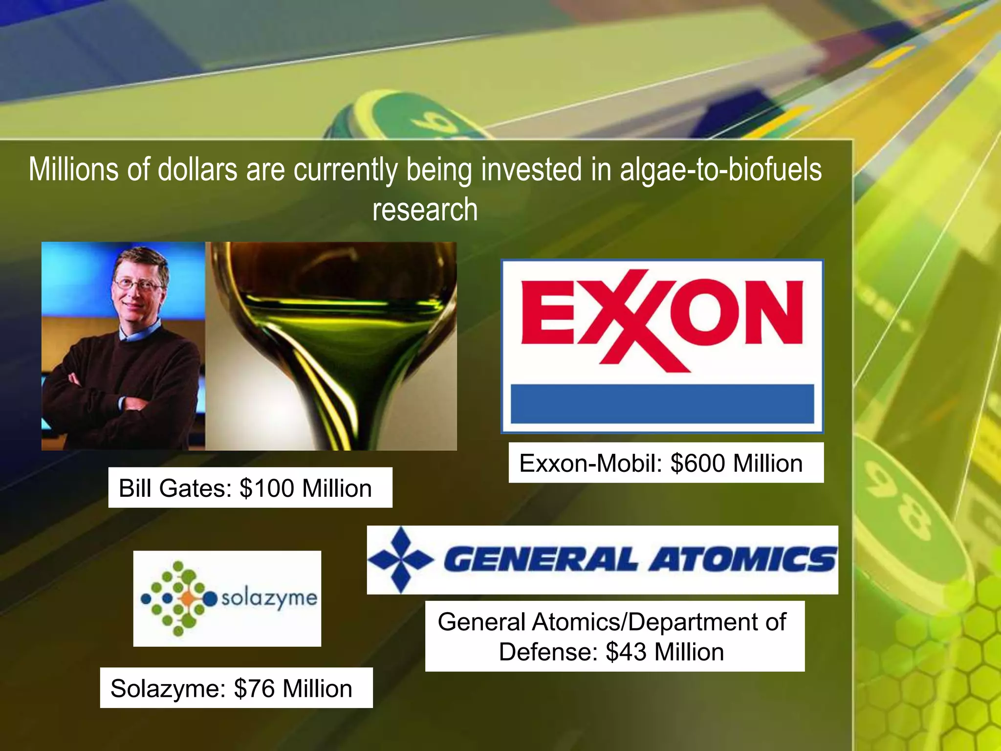 Millions of dollars are currently being invested in algae-to-biofuels researchExxon-Mobil: $600 Million Bill Gates: $100 Million General Atomics/Department of Defense: $43 Million Solazyme: $76 Million 