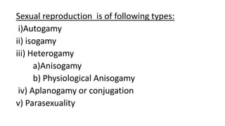 Sexual reproduction is of following types:
i)Autogamy
ii) isogamy
iii) Heterogamy
a)Anisogamy
b) Physiological Anisogamy
iv) Aplanogamy or conjugation
v) Parasexuality
 